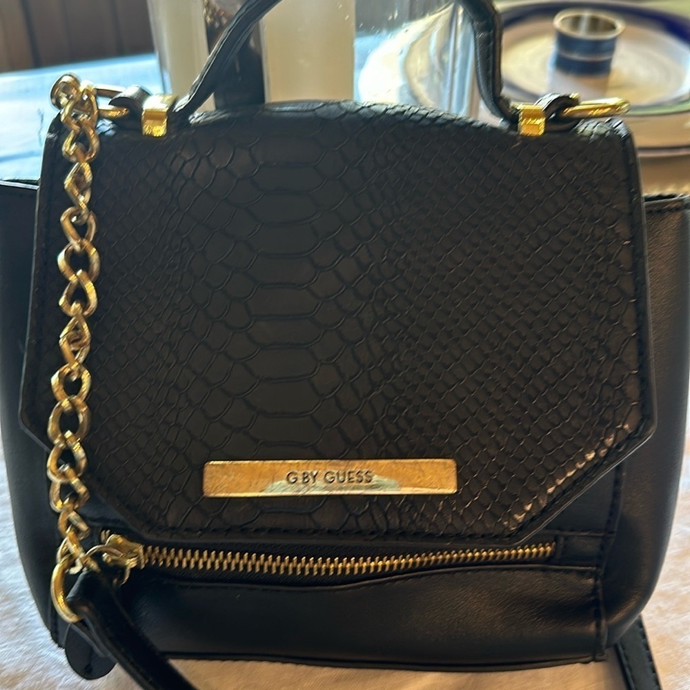 G by Guess Reaction Faux Reptile Mini Bag w Chain xbody or handle in black, gold